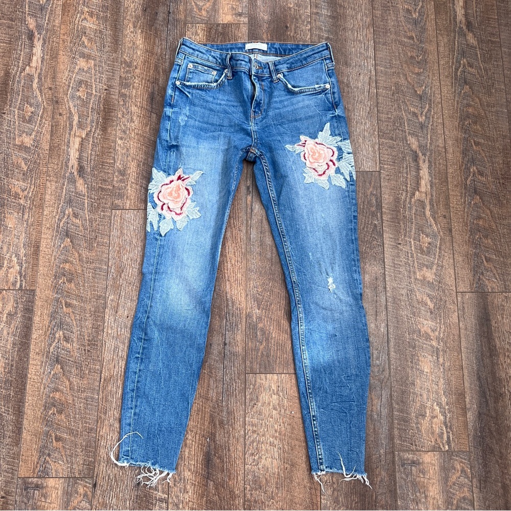Zara distressed floral skinny jeans